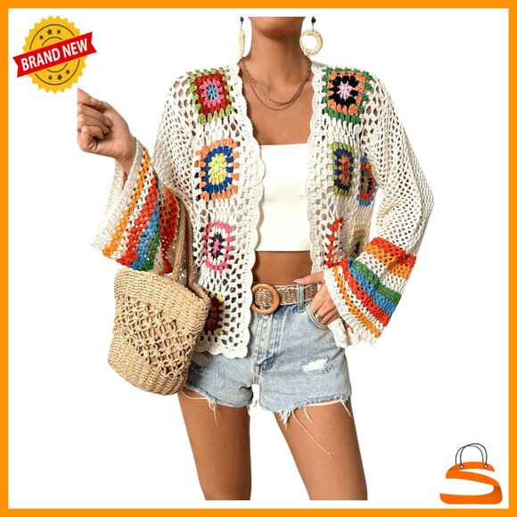 Sweaters - Floral Crochet Cardigan, Long Sleeve Open Front Sweater, Loose Fit Acrylic